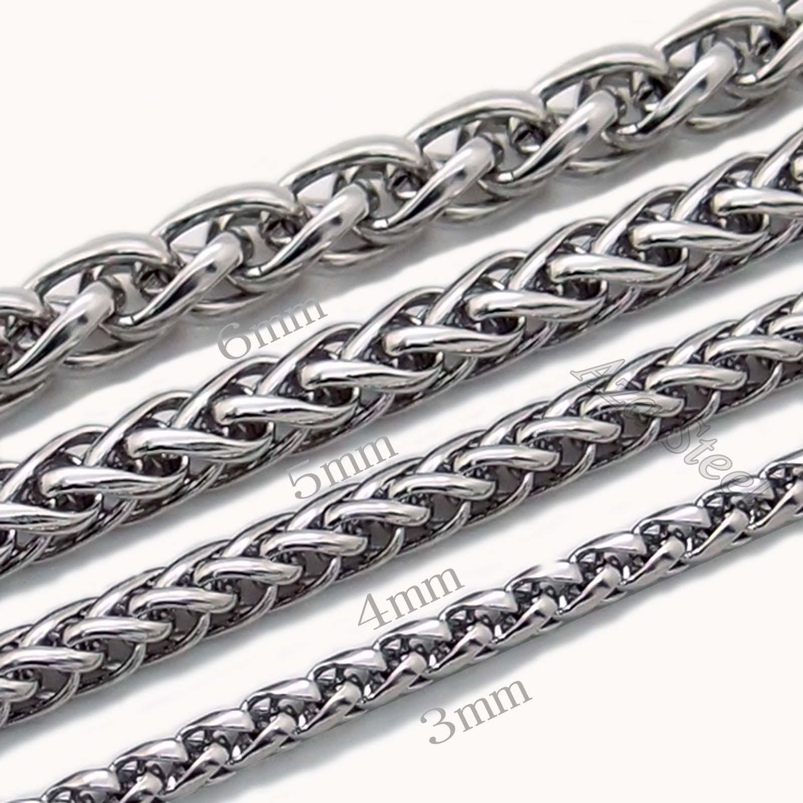 3/4/5MM 18-24″ MENS Silver Stainless Steel Wheat Braided Chain Necklace