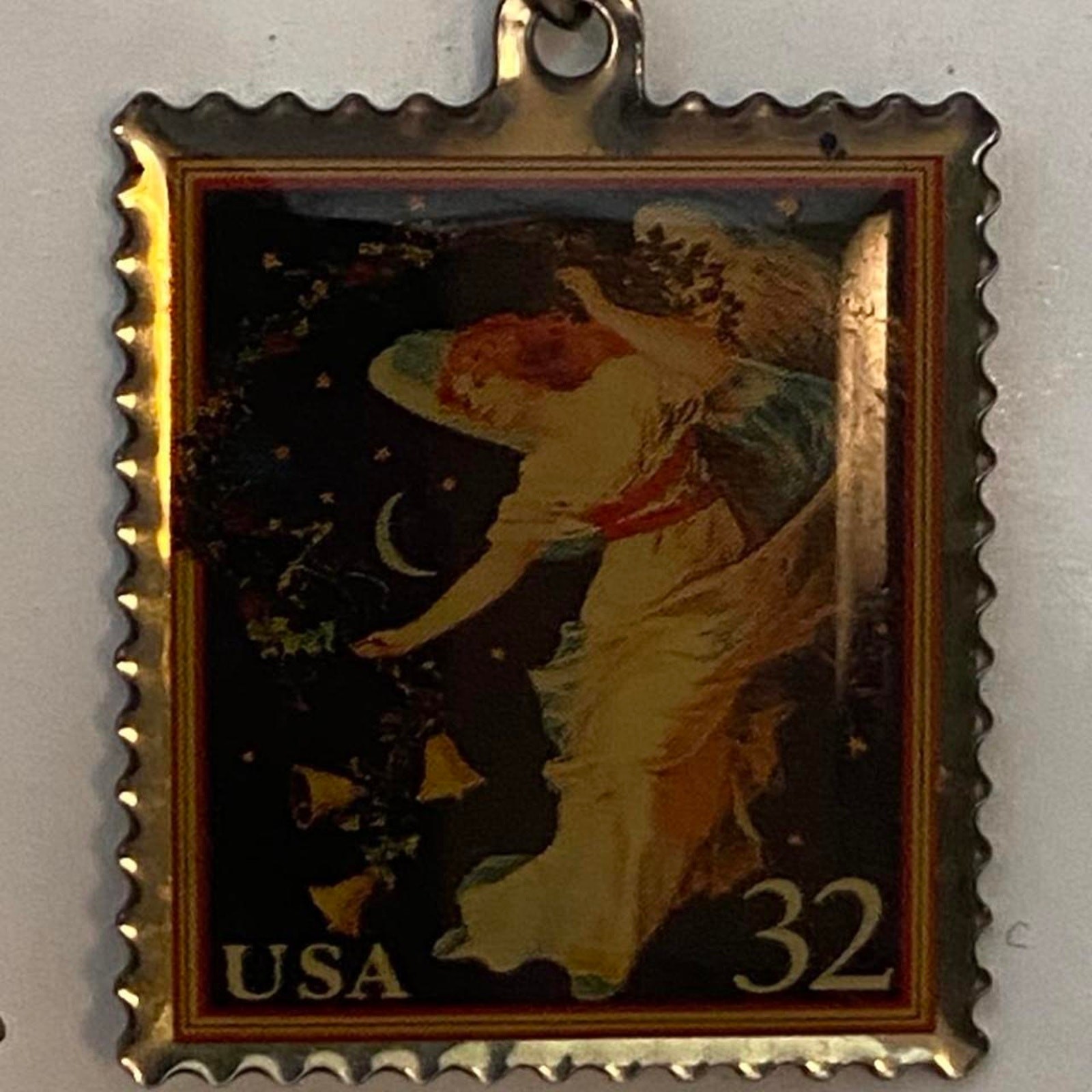 Vintage USPS Love Cherub Angel Stamp Pendant Necklace 32¢ Stainless Steel Chain