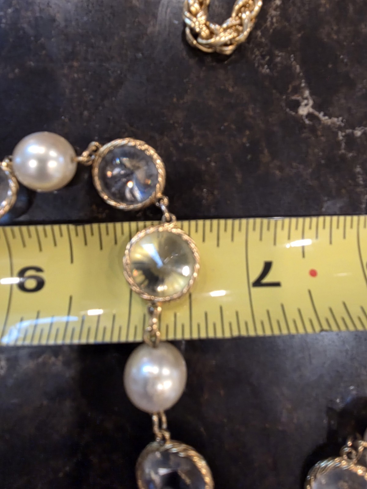 French Fancy Bezel Set Double Point Crystal & Glass Pearl Rope Necklace 32″ L