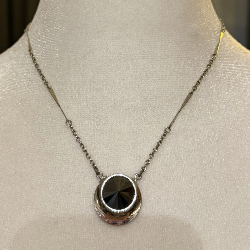 Vintage Sarah Coventry Silver Metal Chain Necklace Round Black Bezel Pendant