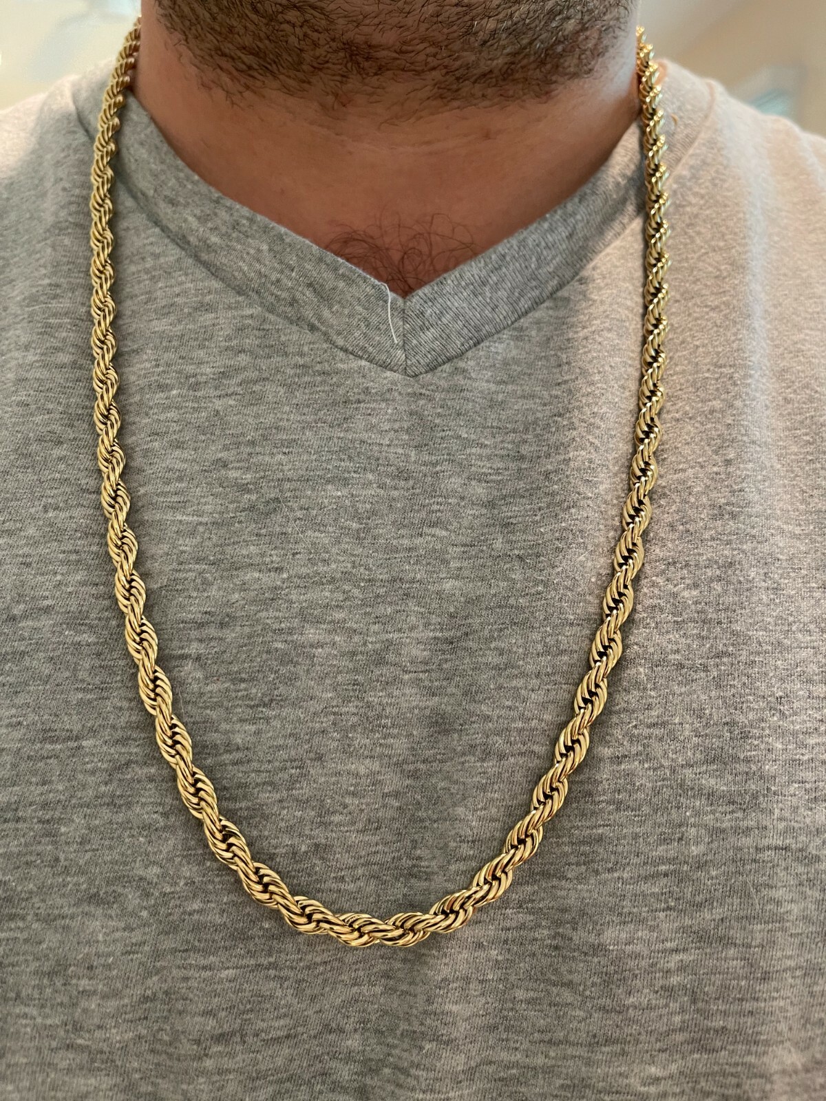 Cadena De CUERDA Real Para Hombre Acero Inoxidable Bañado En Oro De 14K !