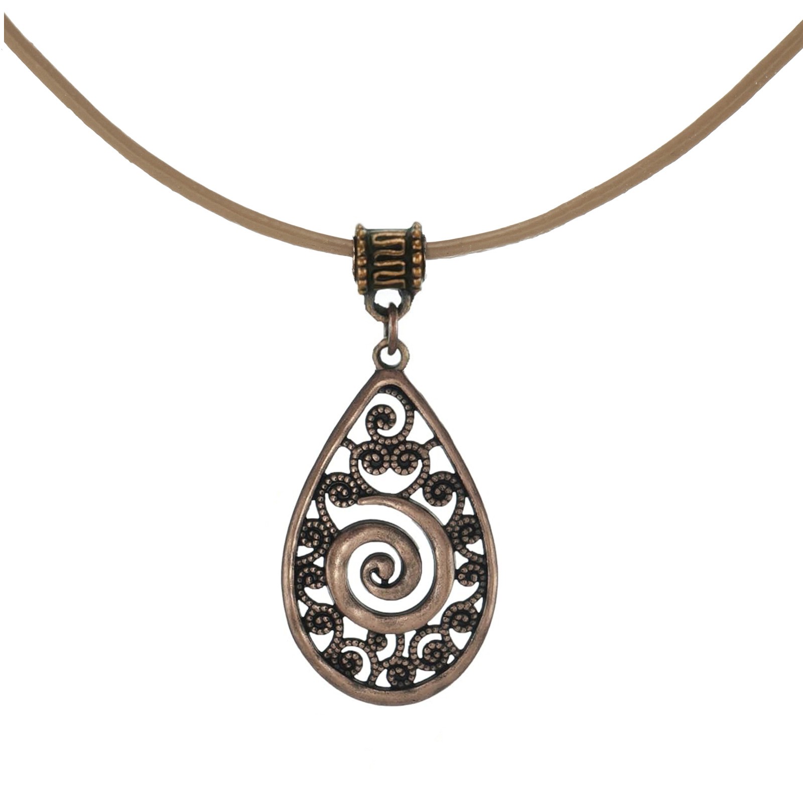 Copper Filigree Teardrop Boho Leather Cord Necklace, Black or Tan Leather