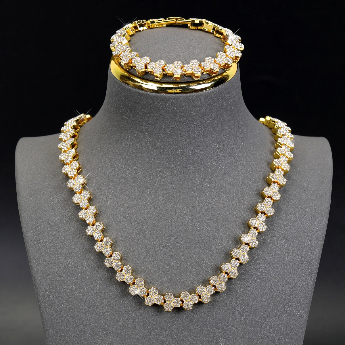 Tennis Jewelry Set Gold Stainless Steel zirconia stone unisex Necklace Bracelet
