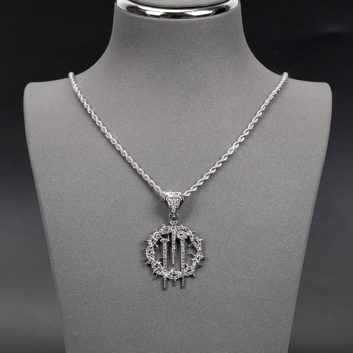 Iced Thorn Spikes Pendant Necklace Stainless Steel Twisted Rope Chain Unisex