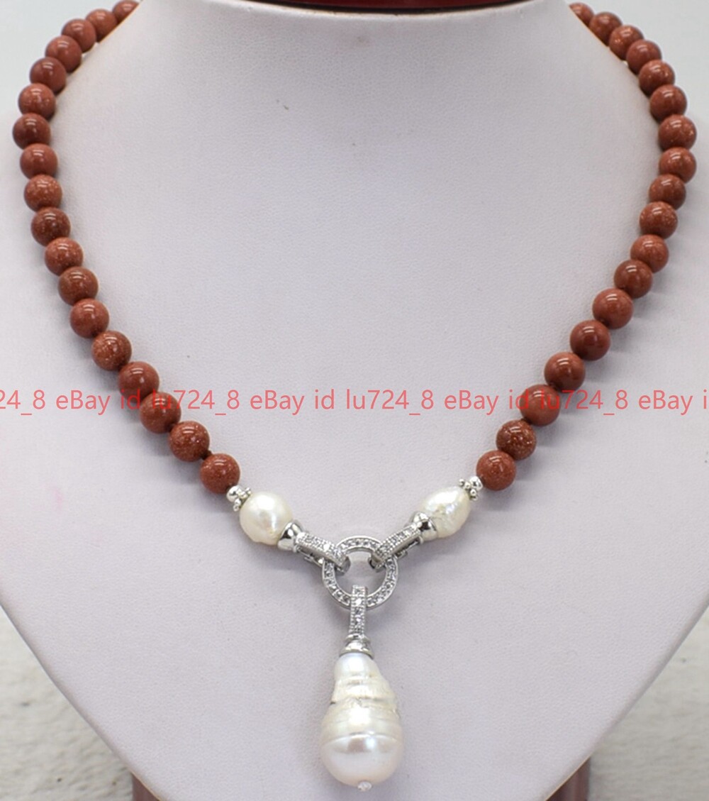 Natural Goldstone Round Gem Beads &White Keshi Baroque Pearl Pendant Necklace