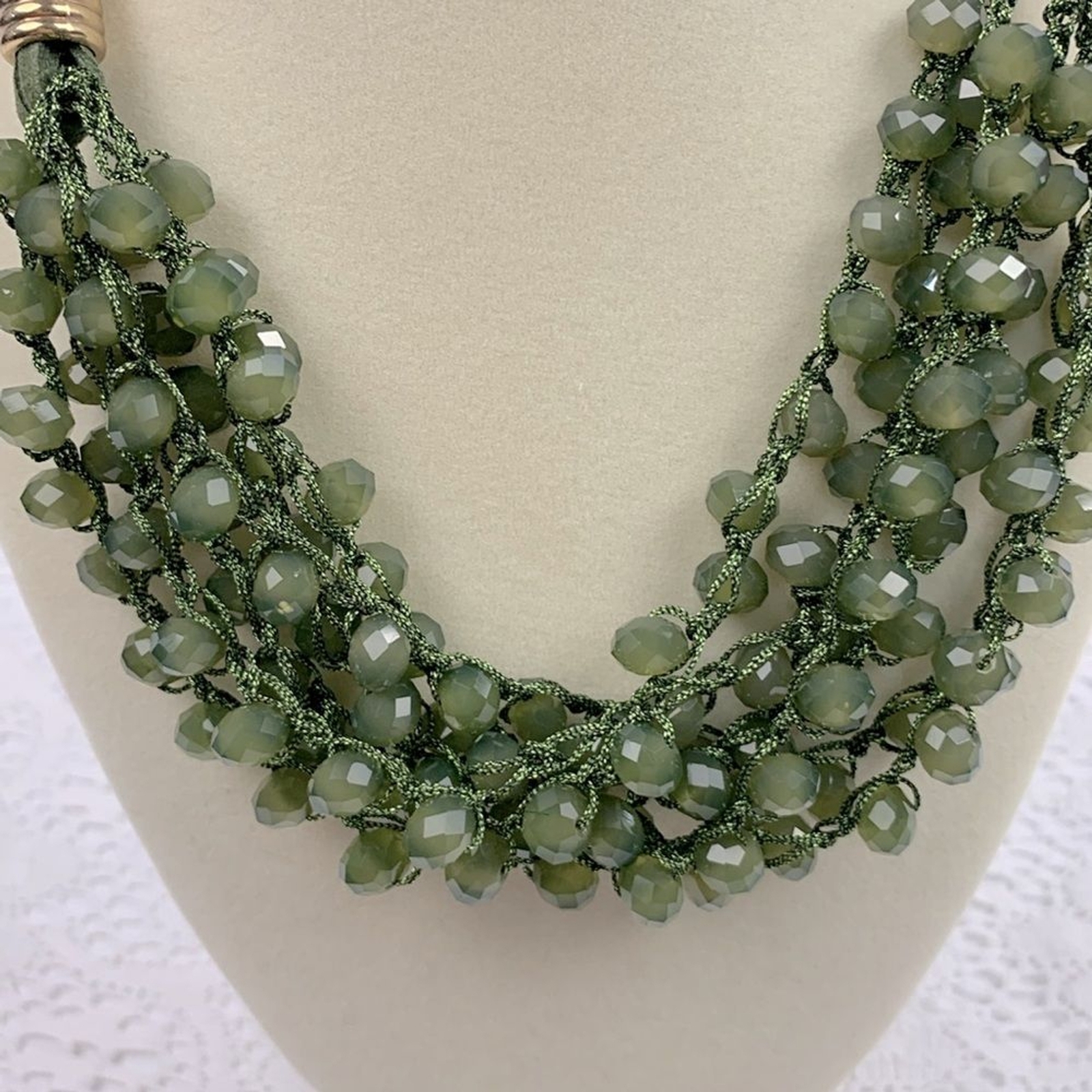 Time & Tru Glass Stone Statement Necklace Green Gold Faux leather 19”+ New NWT