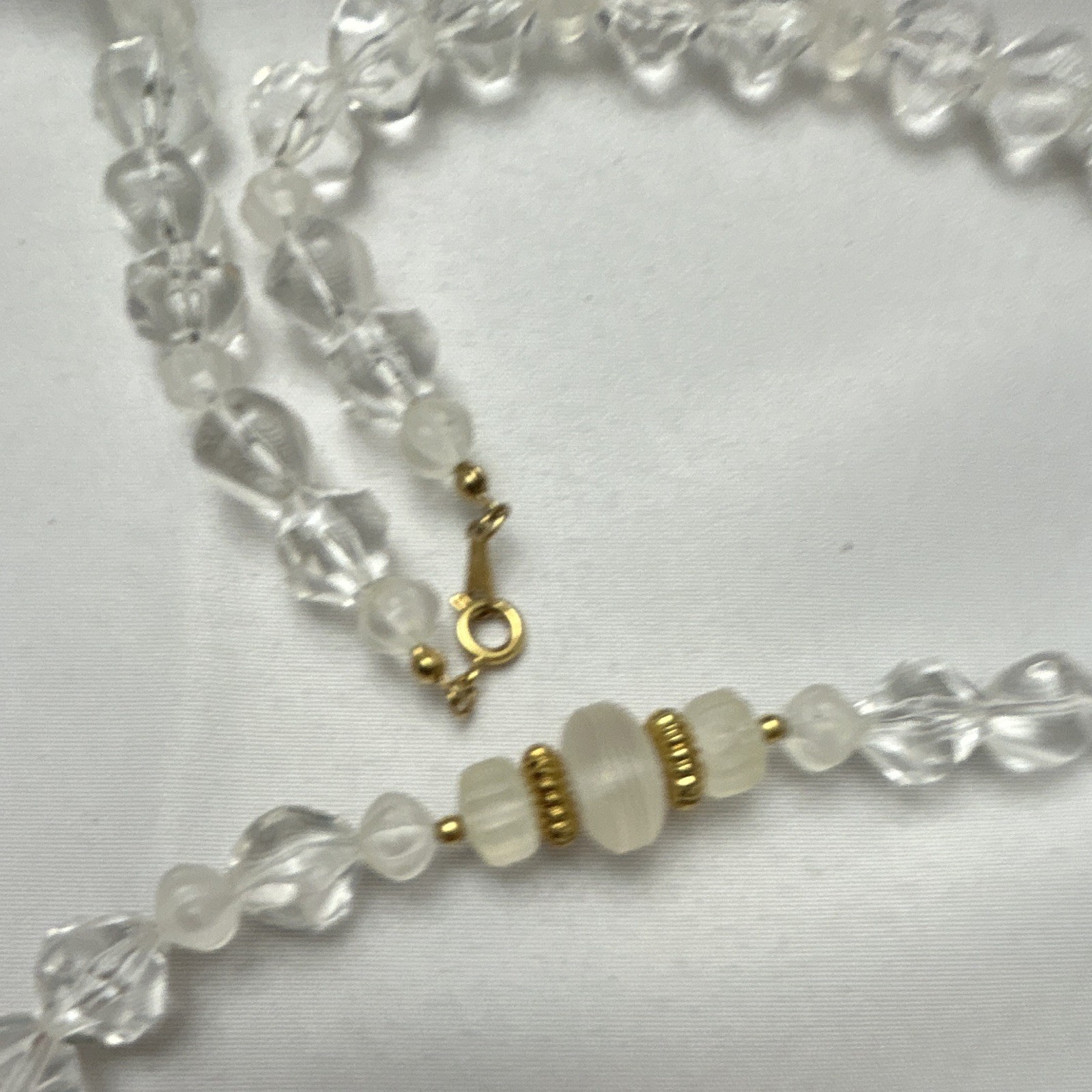 Clear & White Round Glass Beaded Necklace, Ball/Bead Chain, Spring Ring