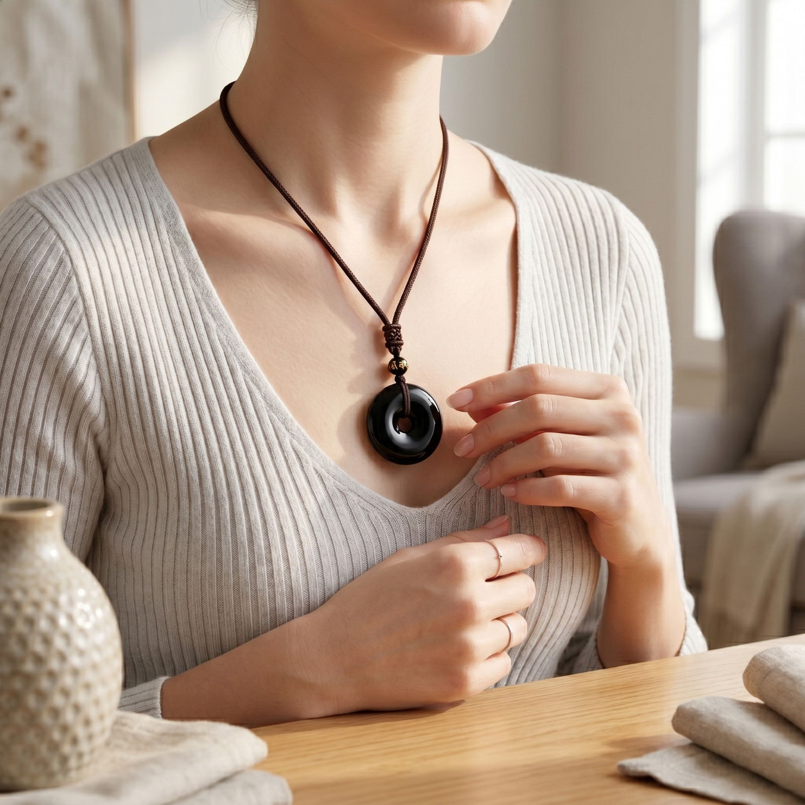 Black Obsidian Necklace 26mm Donut Pendant Guardian Amulet Adjustable Cord 18in