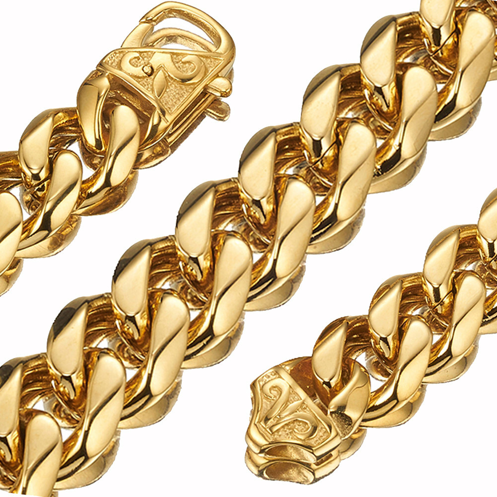 13/15mm Heavy Cut Men’s 316L Stainless Steel Curb Cuban Chain Necklace Bracelet