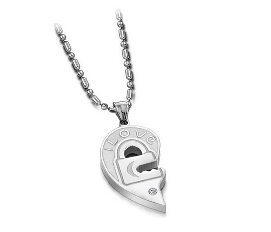 Men Women Couple Necklace I Love You Lock and Key Heart Pendant Stainless Steel