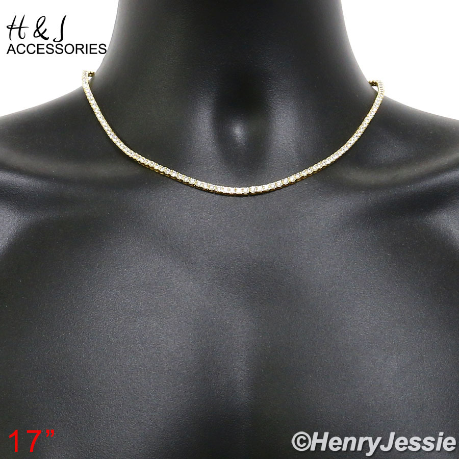 925 STERLING SILVER 17″-28″X3MM GOLD PLATED 1 ROW TENNIS CZ NECKLACE*GN10