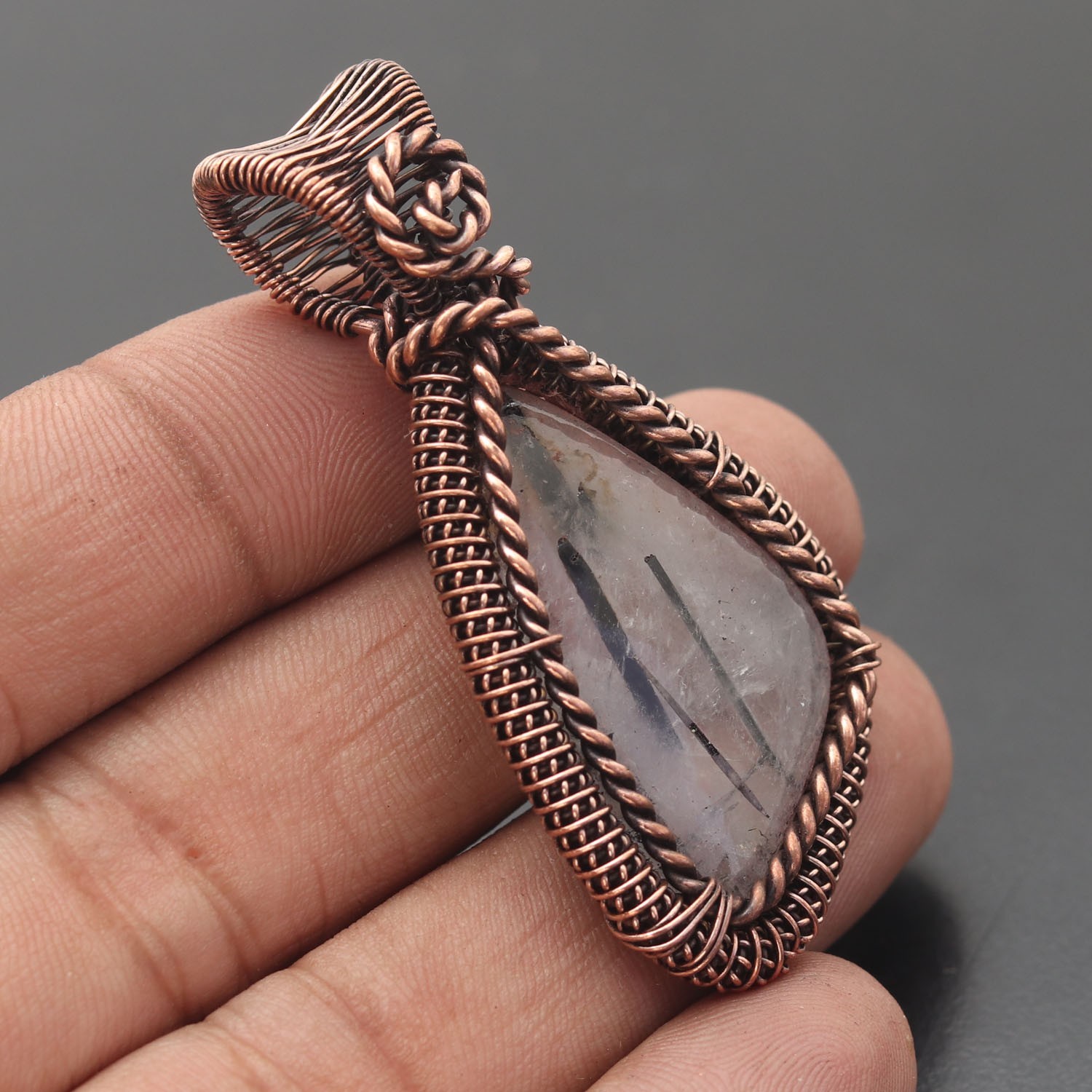 Black Rutile Gemstone Copper Wire Wrapped Handmade Pendant Jewelry Gift For Her
