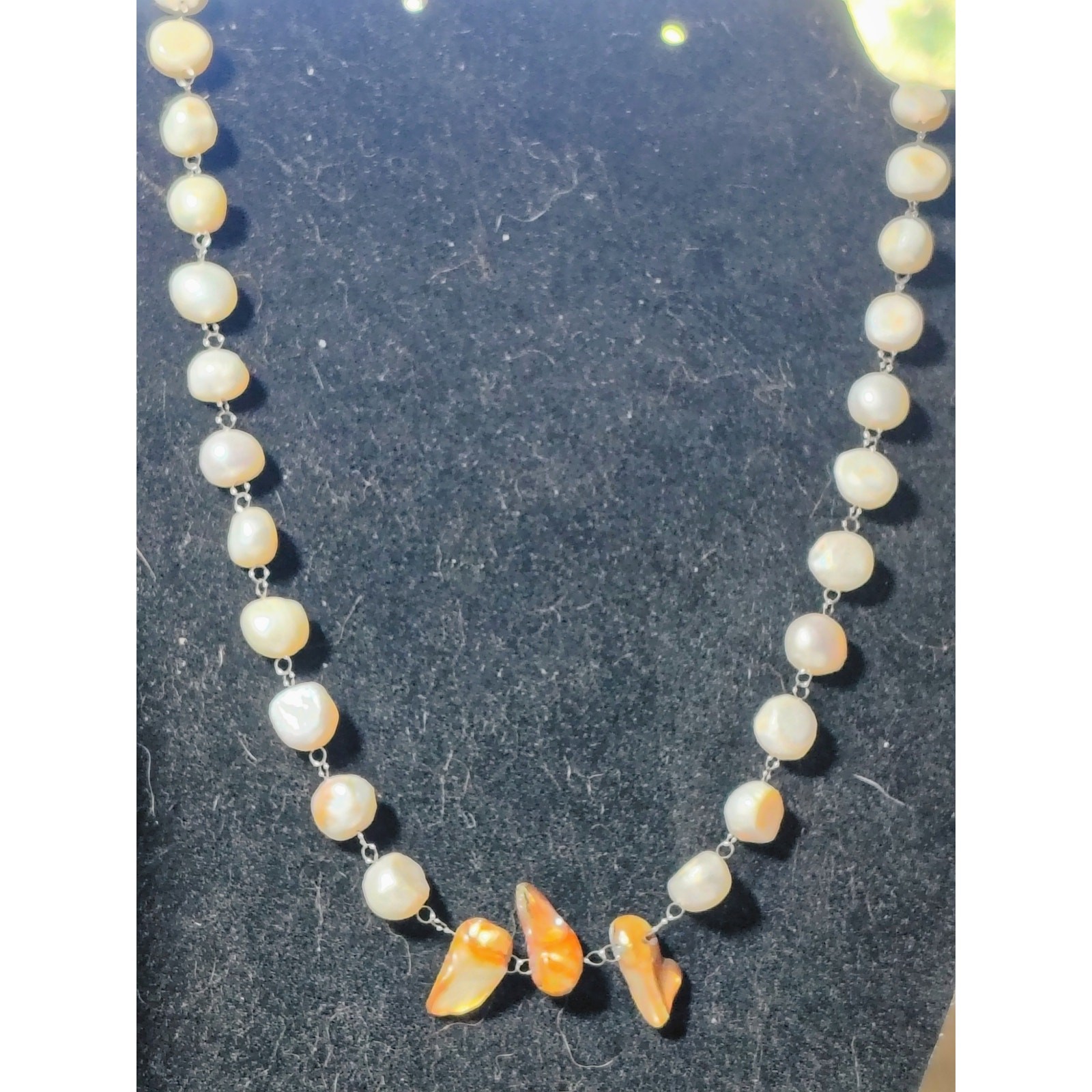 Freshwater Pearl Necklace White Coin Pearls Bronze Biwa Flame Pearls 20″