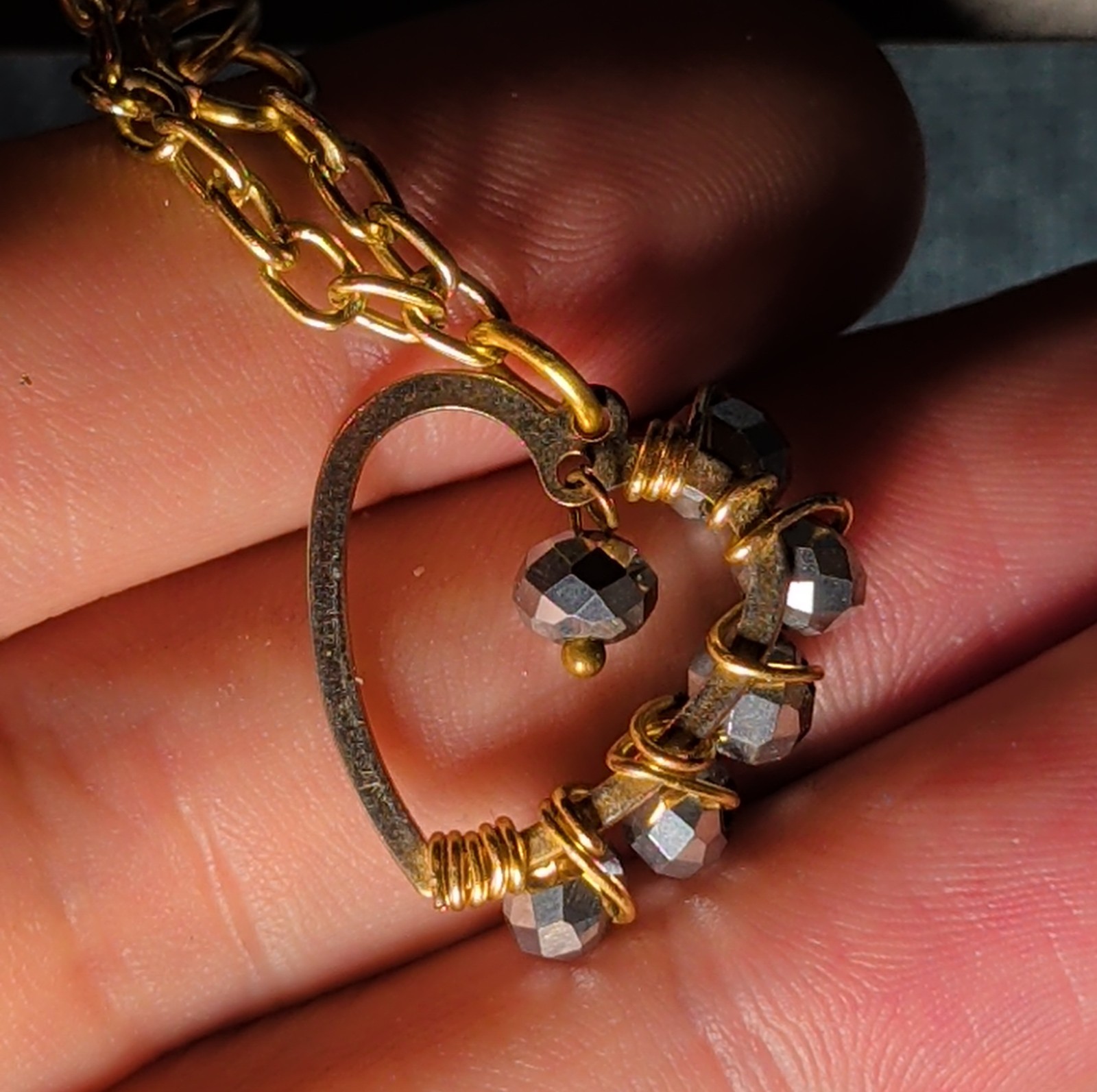 Wire Wrapped Heart Bracelet Gold Tone Hematite Bead Boho