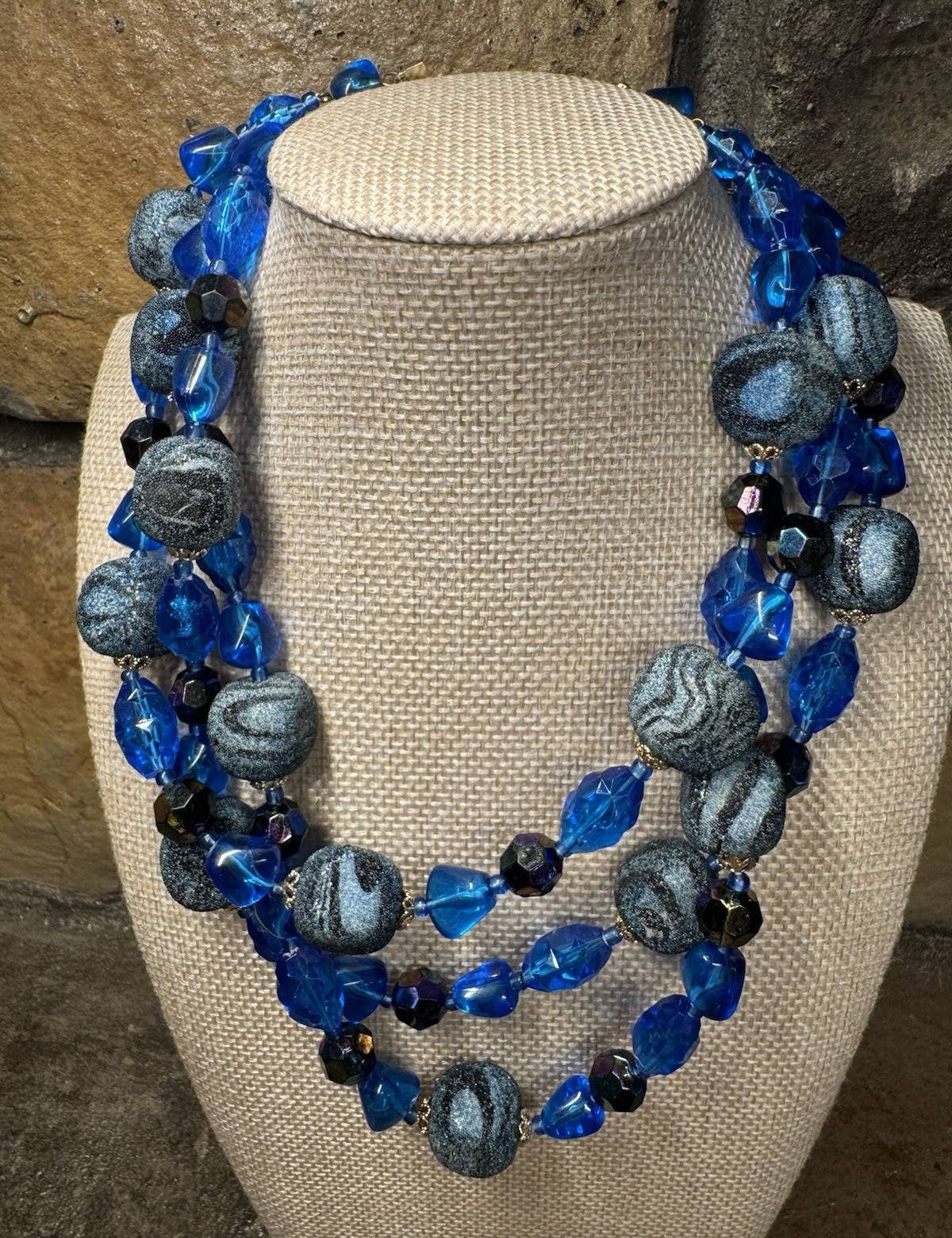 Vintage c1950s West Germany Blue & Gray Multi-Strand Beaded Necklace