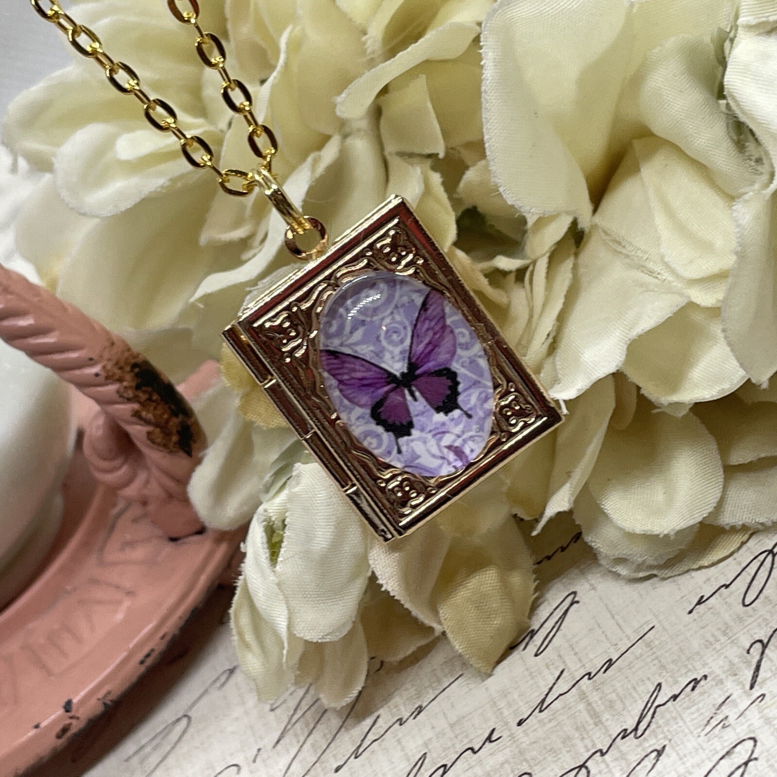 Gold Birthday anniversary purple BUTTERFLY book Locket pendant necklace photo