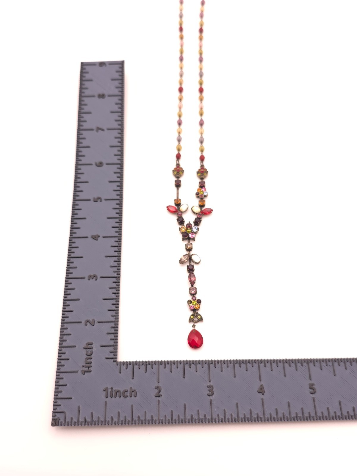 Vintage Multicolor Beaded Y-Drop Necklace Red Teardrop Crystal Floral Drop