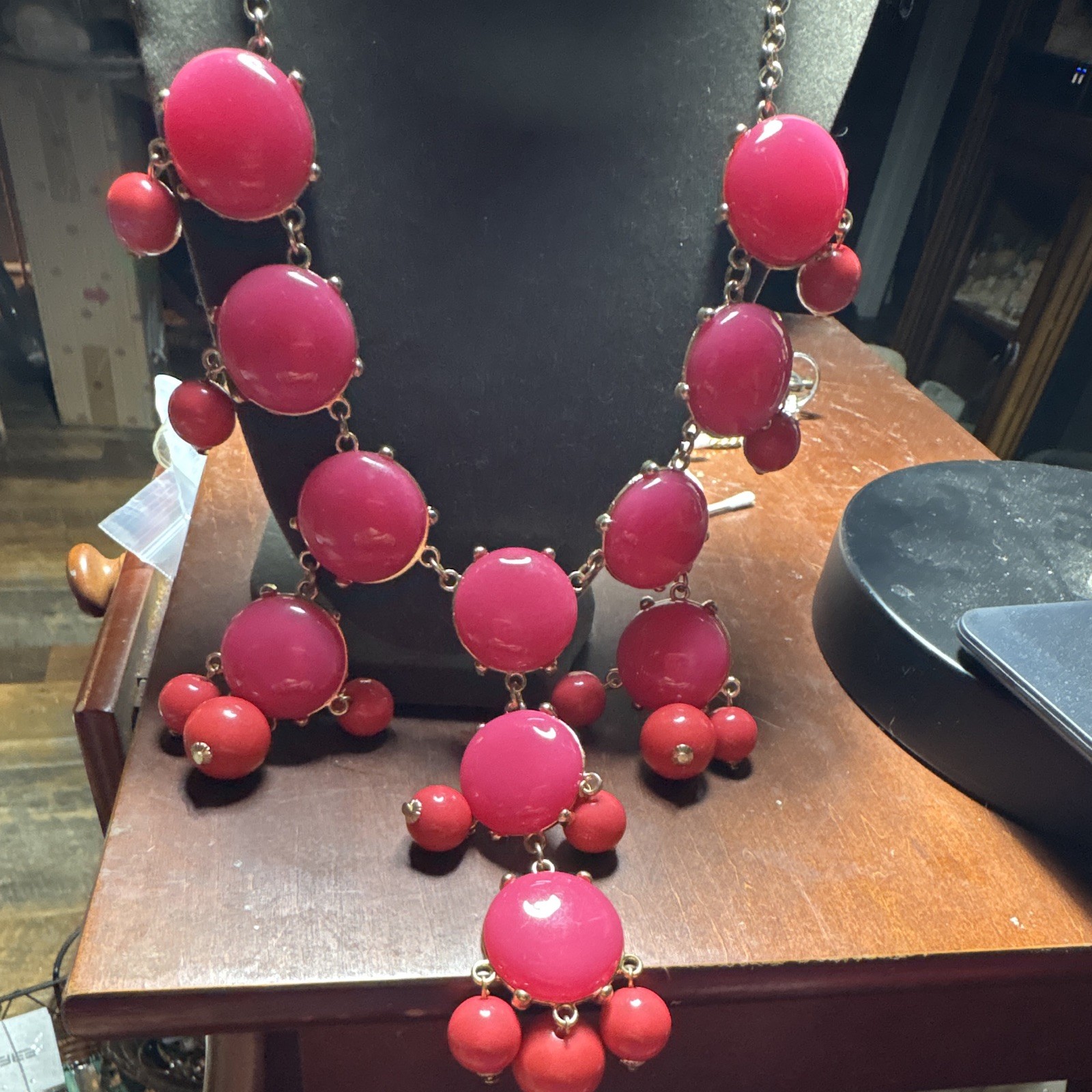 Pink Statement Beaded Necklace Round Beads Round Link Chain Adjustable Extender