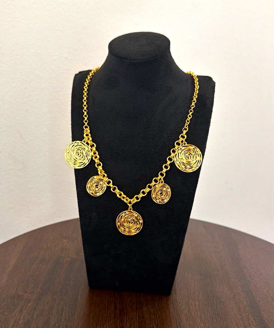 Gold Tone Round Disc Charm Necklace Cable Chain Metal No Stone Fashion