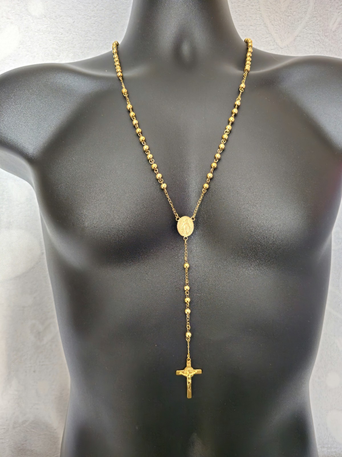 Gold Tone Stainless Steel Rosary Necklace Virgin Mary Crucifix Cross 60cm