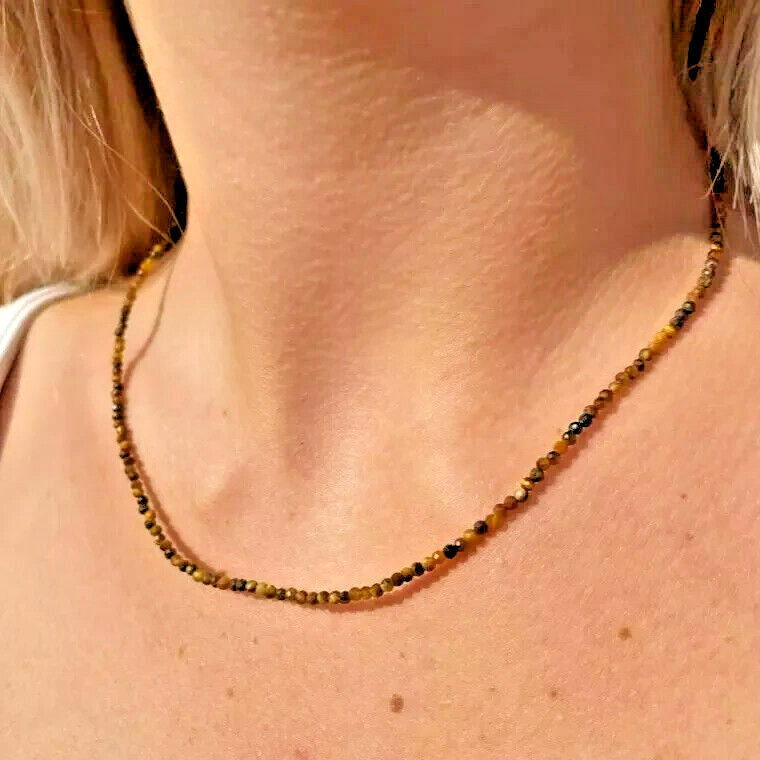 Natural Tiger’s Eye 2mm Beaded Choker Minimalist Healing Woman Crystal Necklace