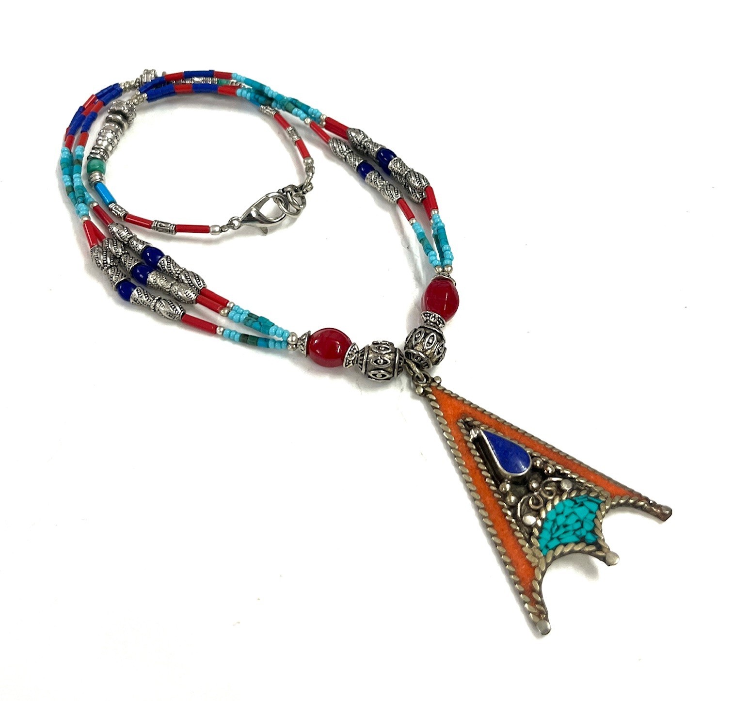 Antique Coral Turquoise Gemstone Tibetan Style Necklace Jewelry, 17 Inch Adjs