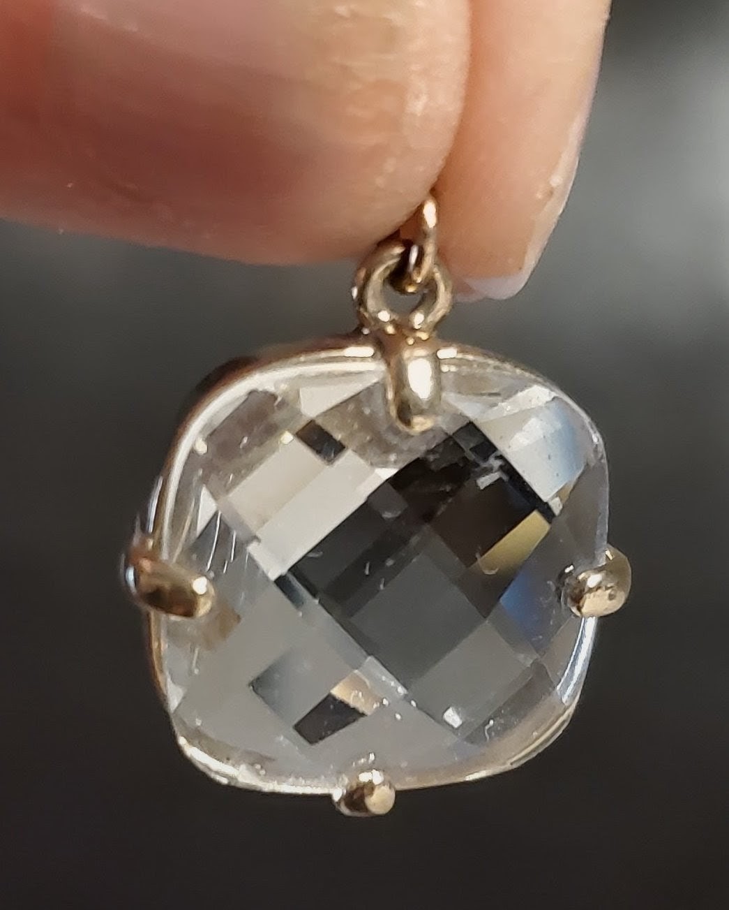 Gold Tone White Colorless Checkerboard Glass Prong Set Pendant