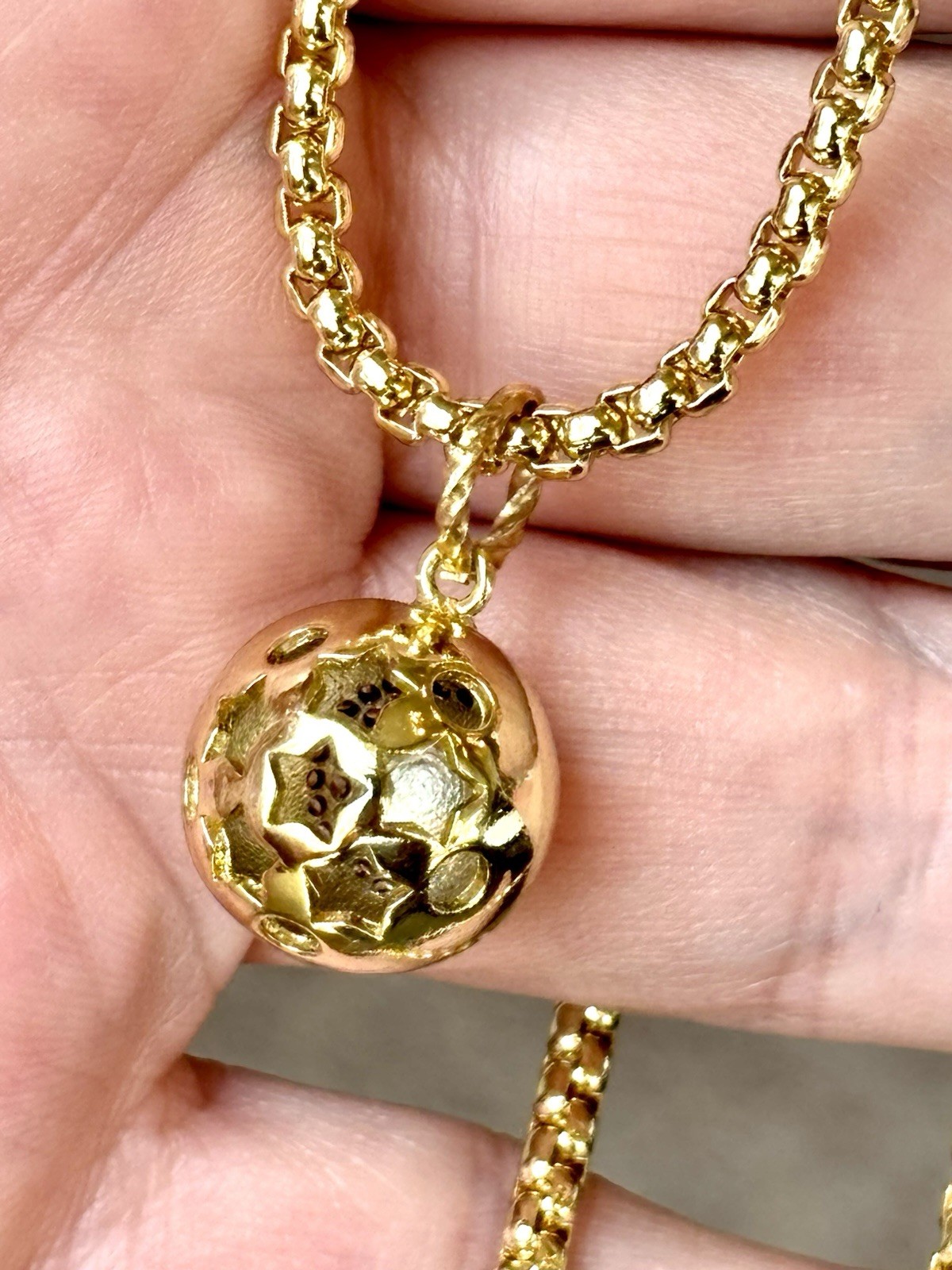Pave Moon Ball Gold Tone Pendant with Stars Rounded Box Chain Necklace 16″ – 18″