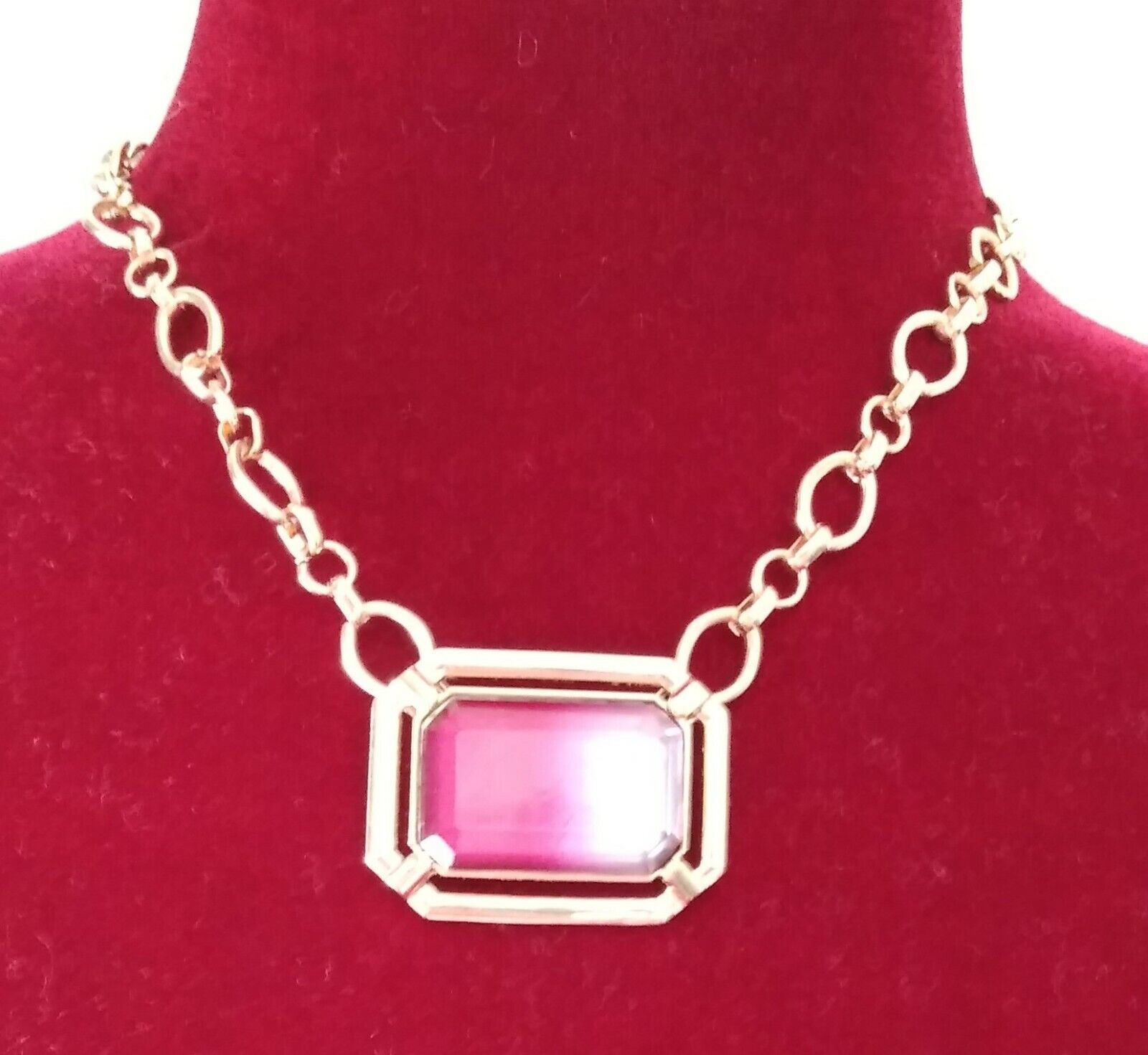 A New Day~~16″ Gold Tone Necklace~~Large Rose Crystal Pendant Beauty~~NWT