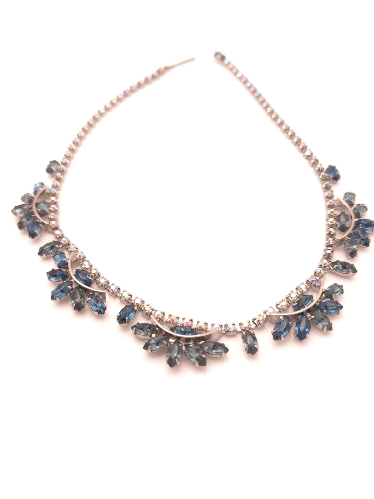 Silver Tone Blue Marquise Crystal Rhinestone Statement Collar Necklace Hook