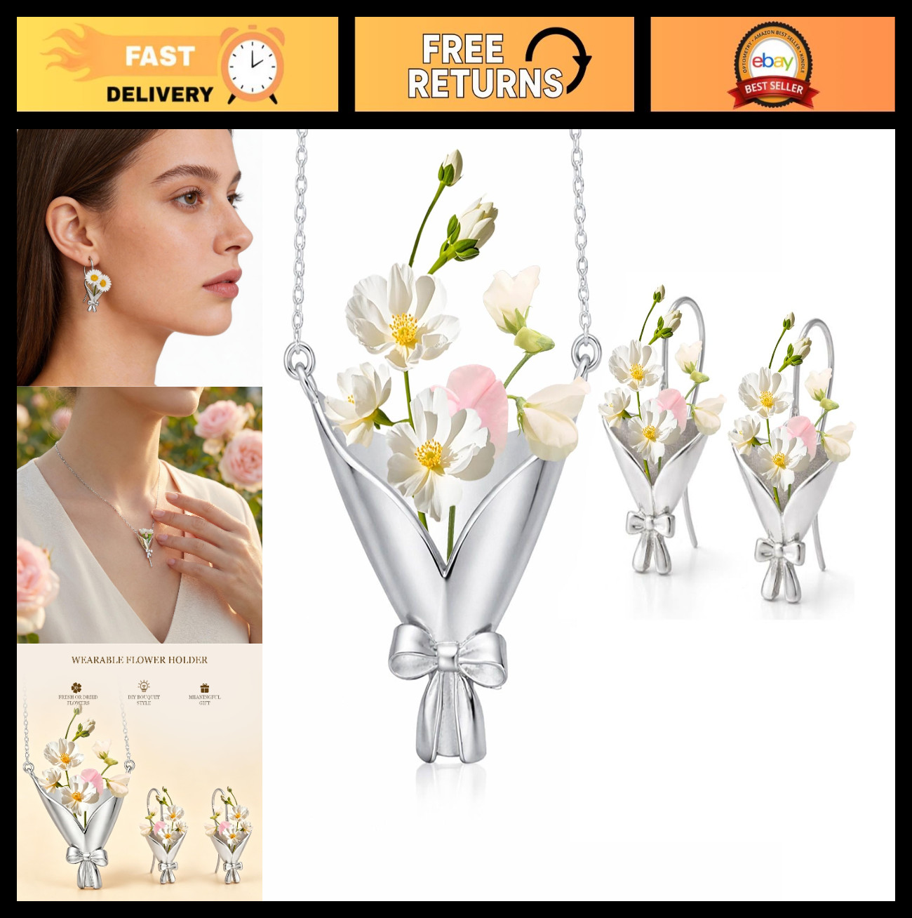 Floral Vase Pendant Necklace for Women – Flower Holder Jewelry for Prom, Wedding