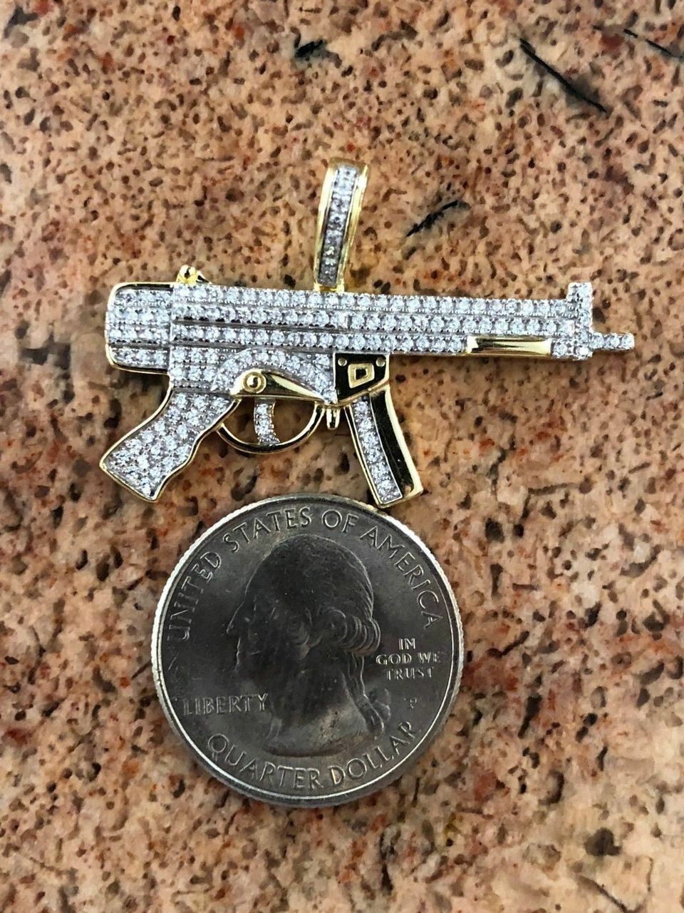 Real Solid 925 Silver AK-47 Machine Gun CZ Piece Super Icy Pendant W. Chain