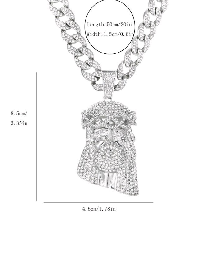 Silver Tone Cuban Link Chain Jesus Head Pavé CZ Pendant Necklace 20 inch White