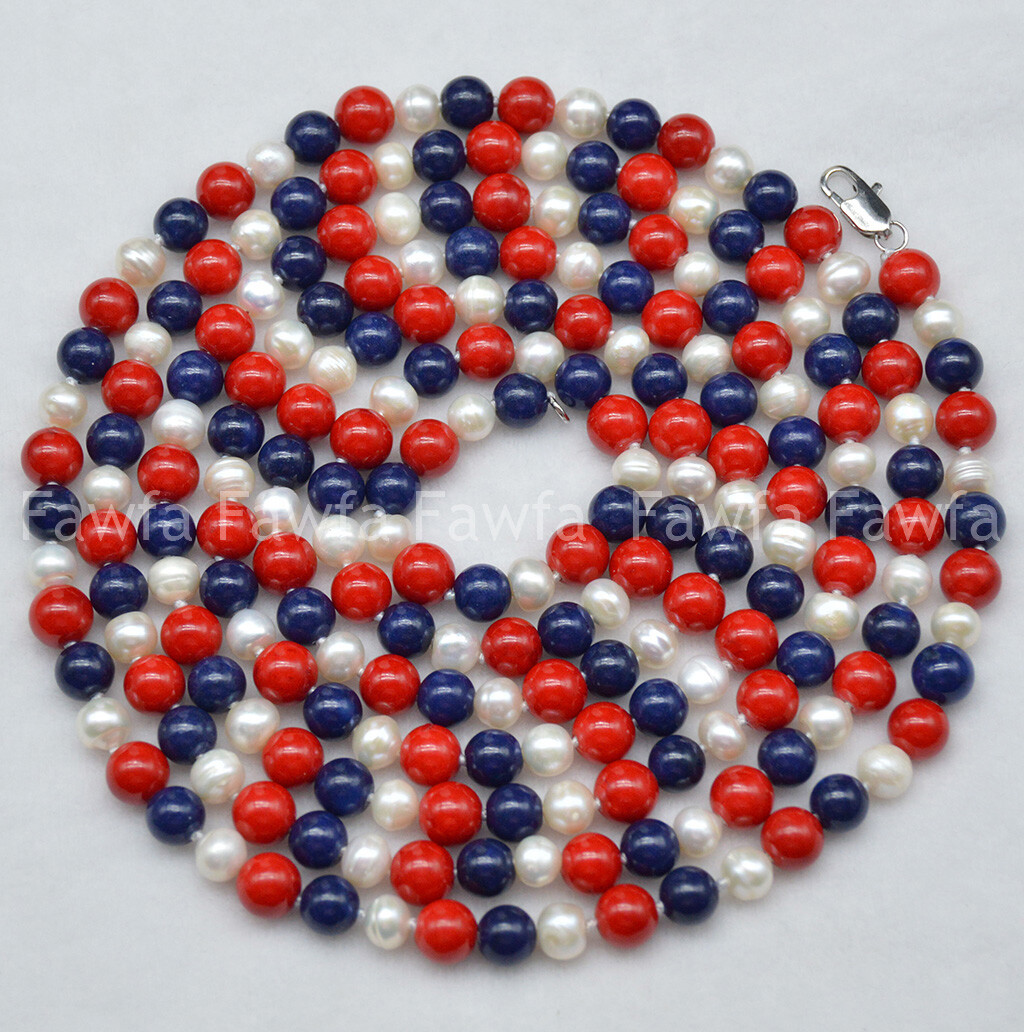 6-7mm White Pearl 8mm Red Coral Blue Lapis lazuli Round Beads Necklace 16-100”