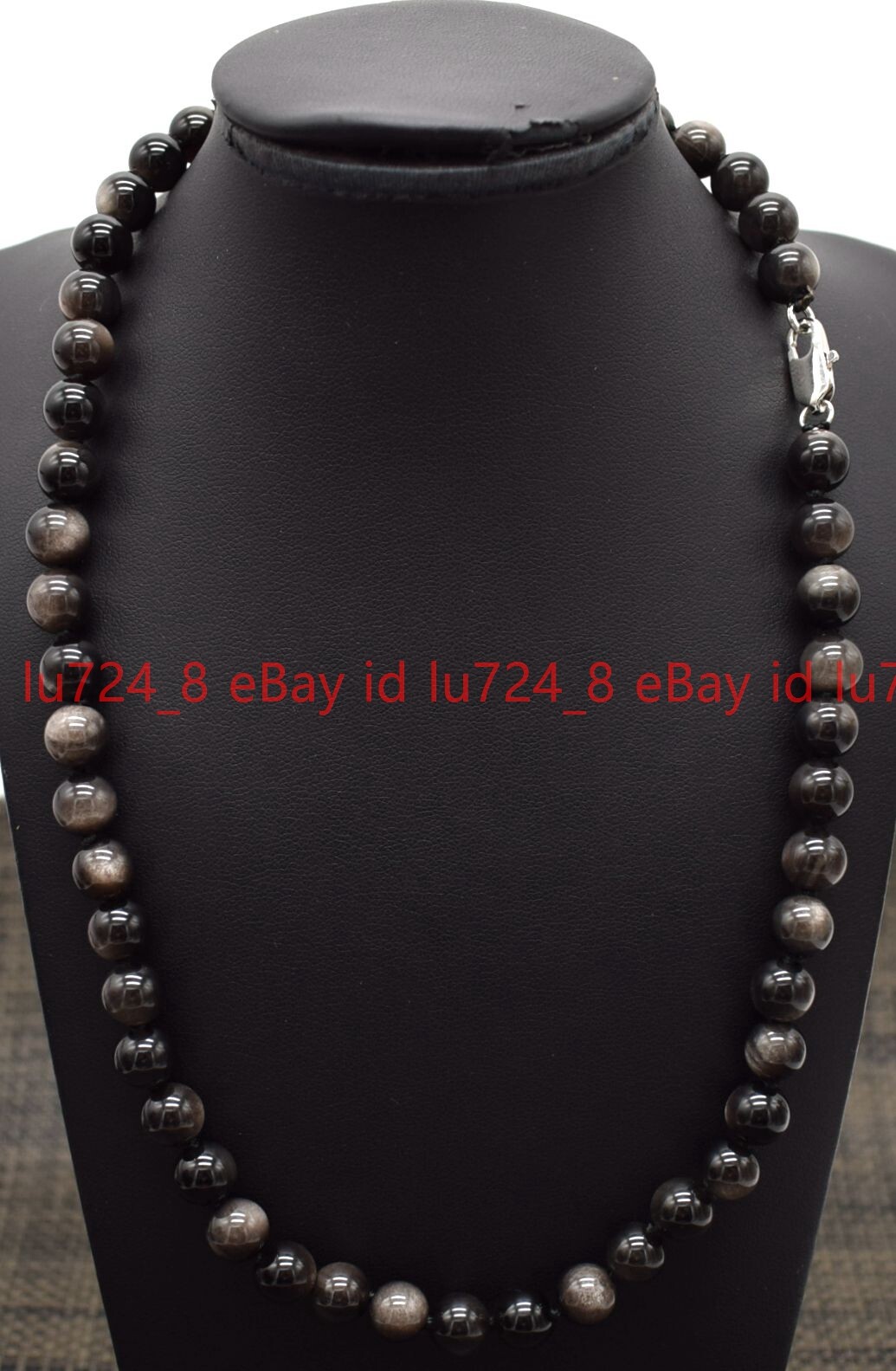 Natural 6-16mm Silver Obsidian Round Gemstone Beads Necklace Silver Clasp 18″
