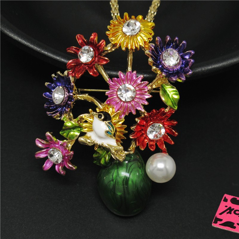 Fashion Women Colorful Enamel Cute Flower Vase Crystal Pendant Necklace