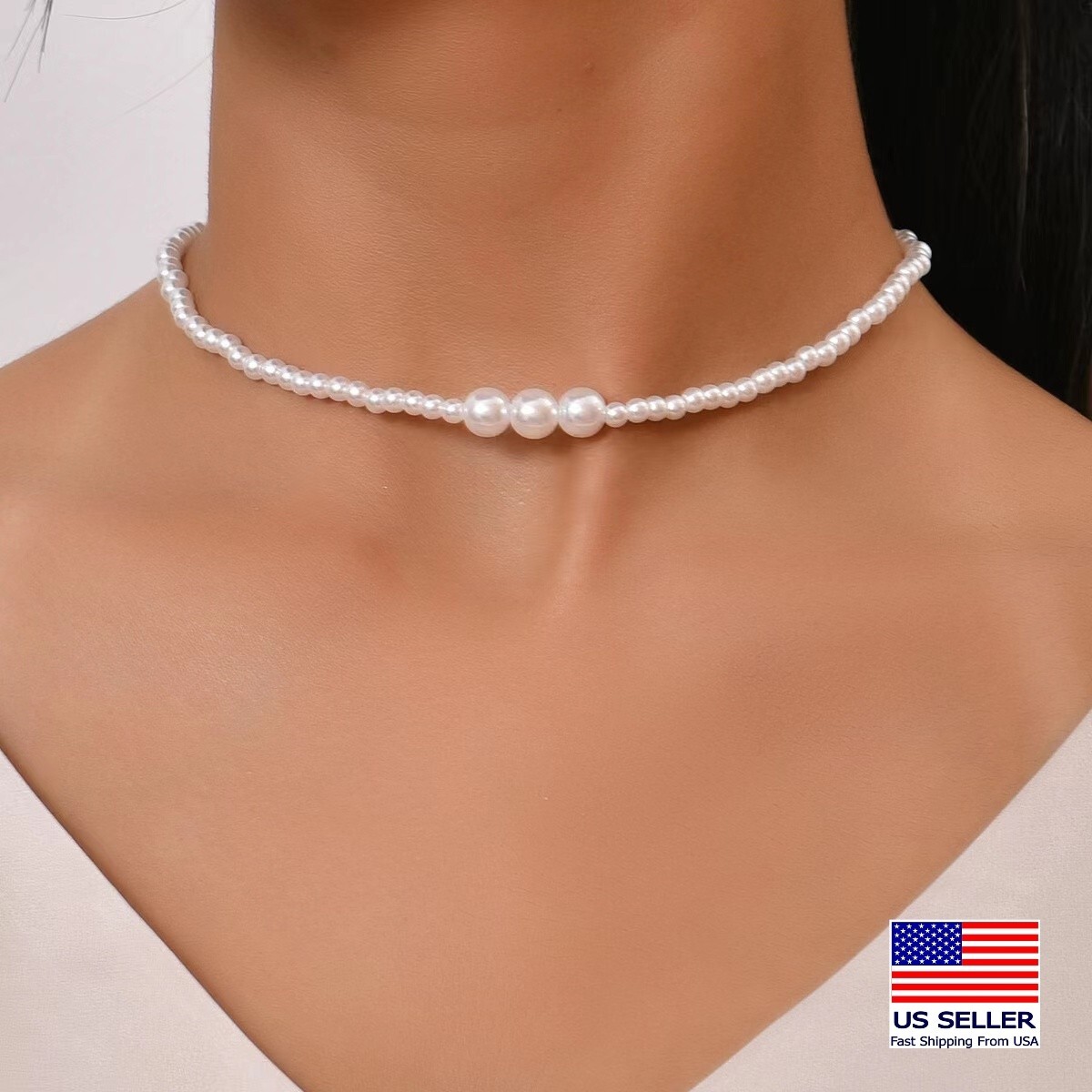 Elegant Women Vintage Pearls Necklace White Faux Pearl Fashion Choker Gift 1420