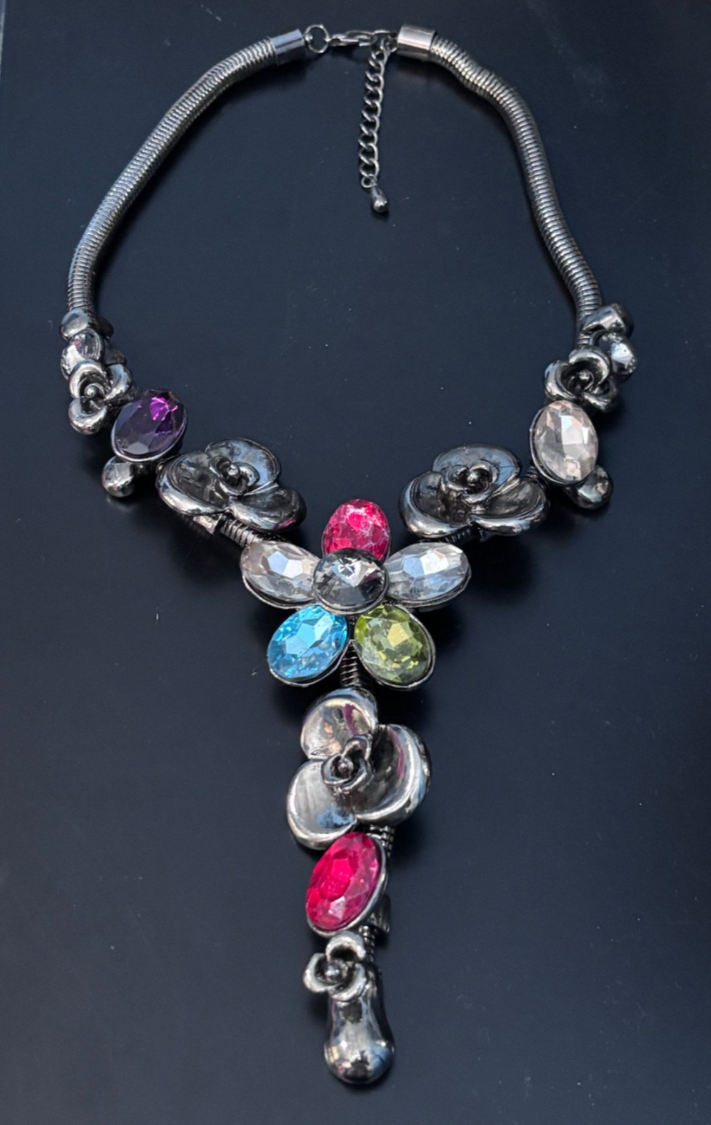 VTG Gunmetal Gray Snake Chain Choker Floral Statement Necklace Multicolor Stones