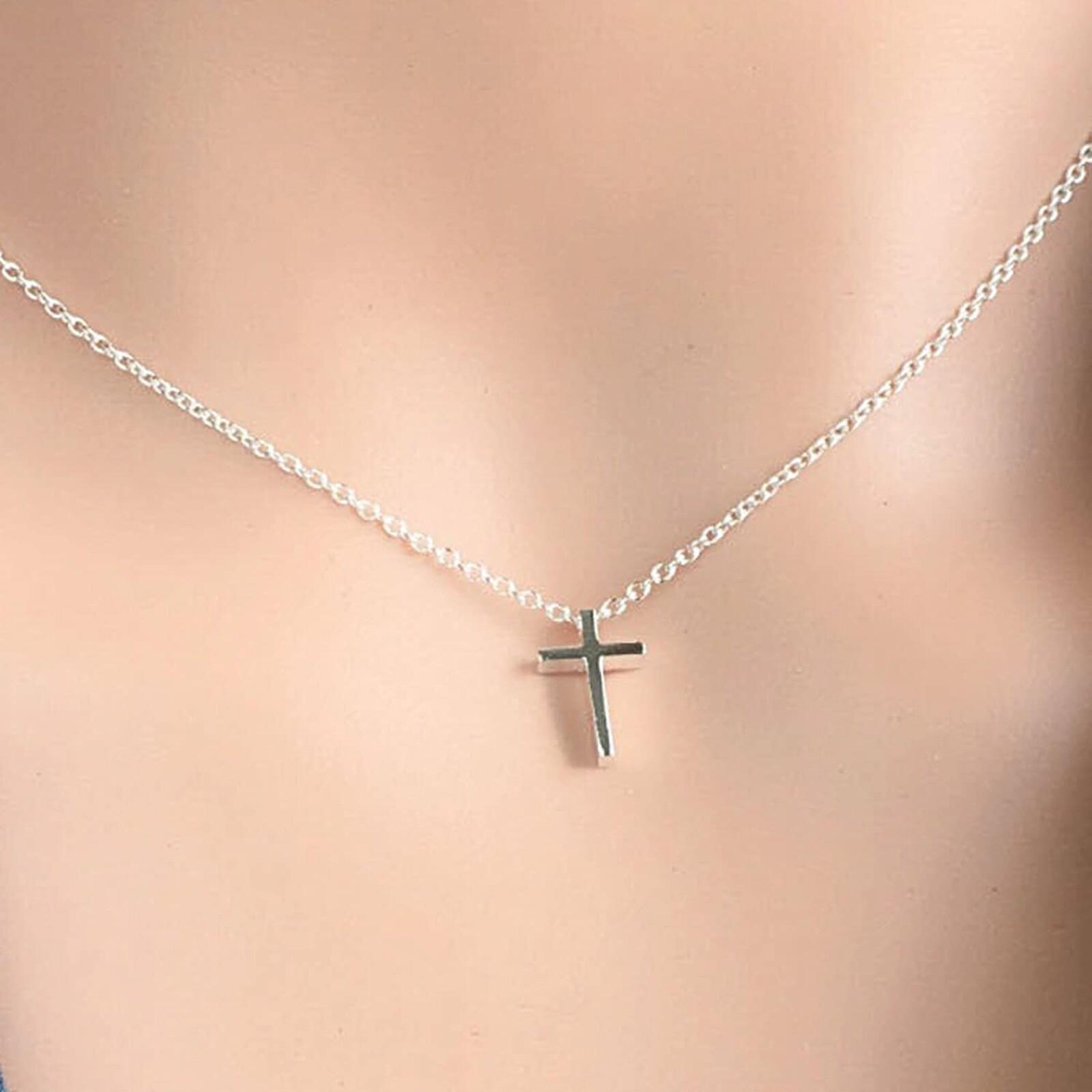 Simple Small Sterling Silver IP Cross Pendant Necklace Women Men’s