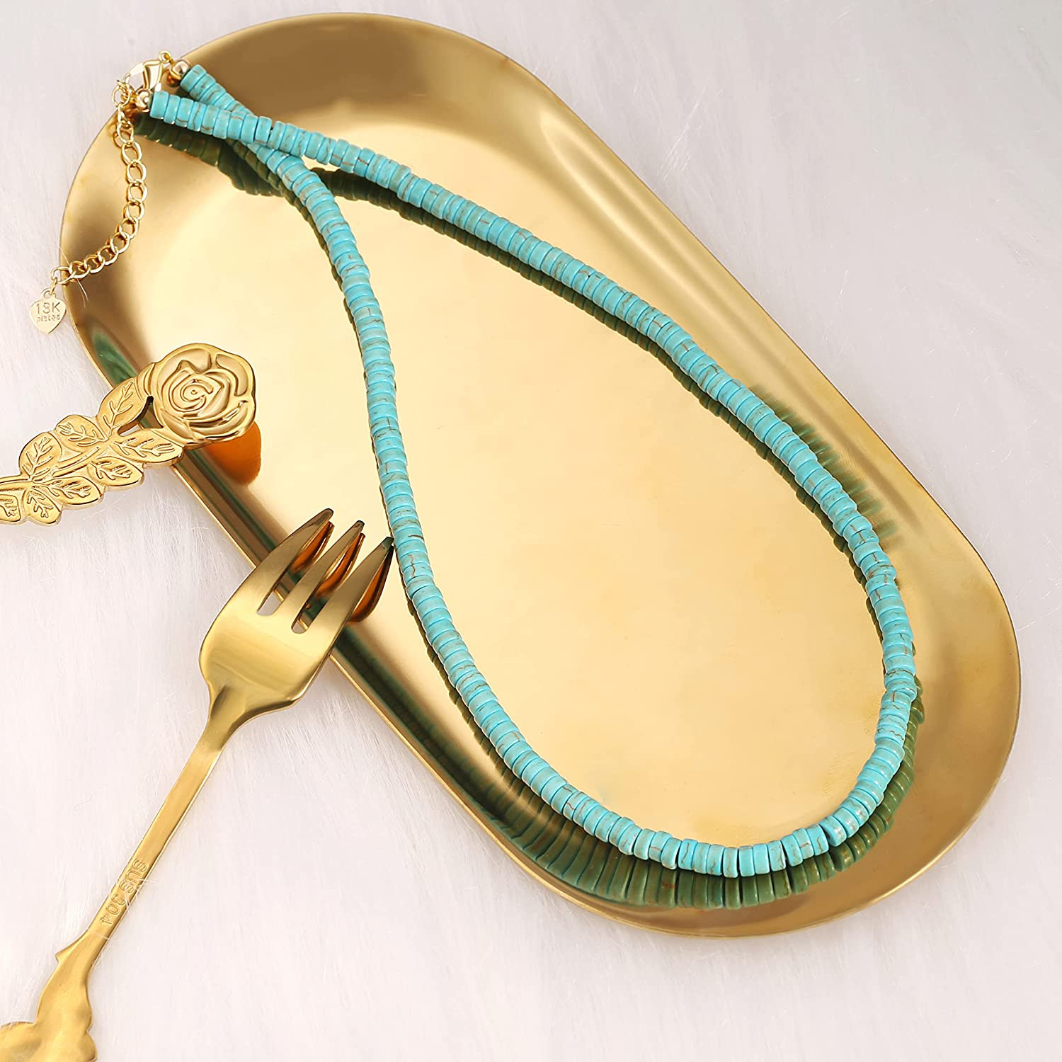 Turquoise Choker Necklace Gold Hematite Beaded Tiny Dainty Minimalist Jewelry