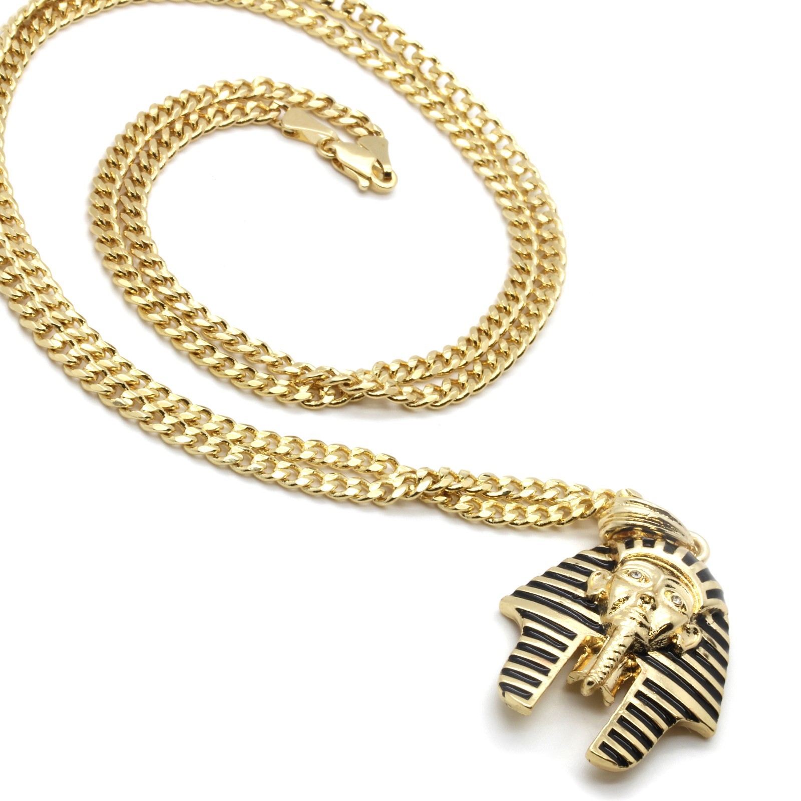 Men’s 14k Gold Plated Black Stripe Micro Pharaoh Pendant Hip Hop 30″ Cuban Chain