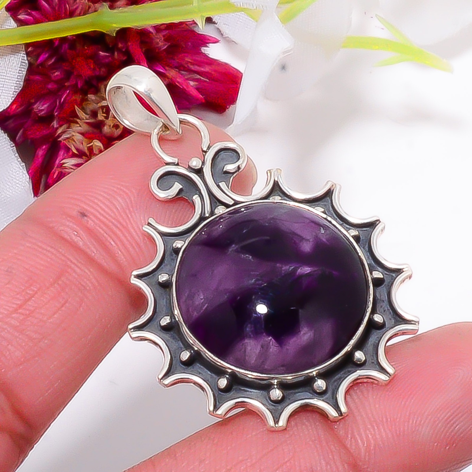 Trapiche Amethyst – Brazil Oxidised 925 Sterling Silver Pendant 1.87″ sku25