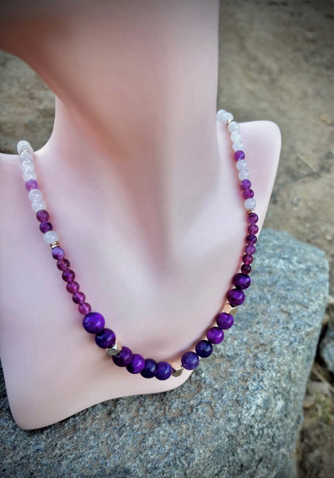 Purple, amethyst w/ white jade stone Necklace, Ball/Bead Chain, Toggle Clasp