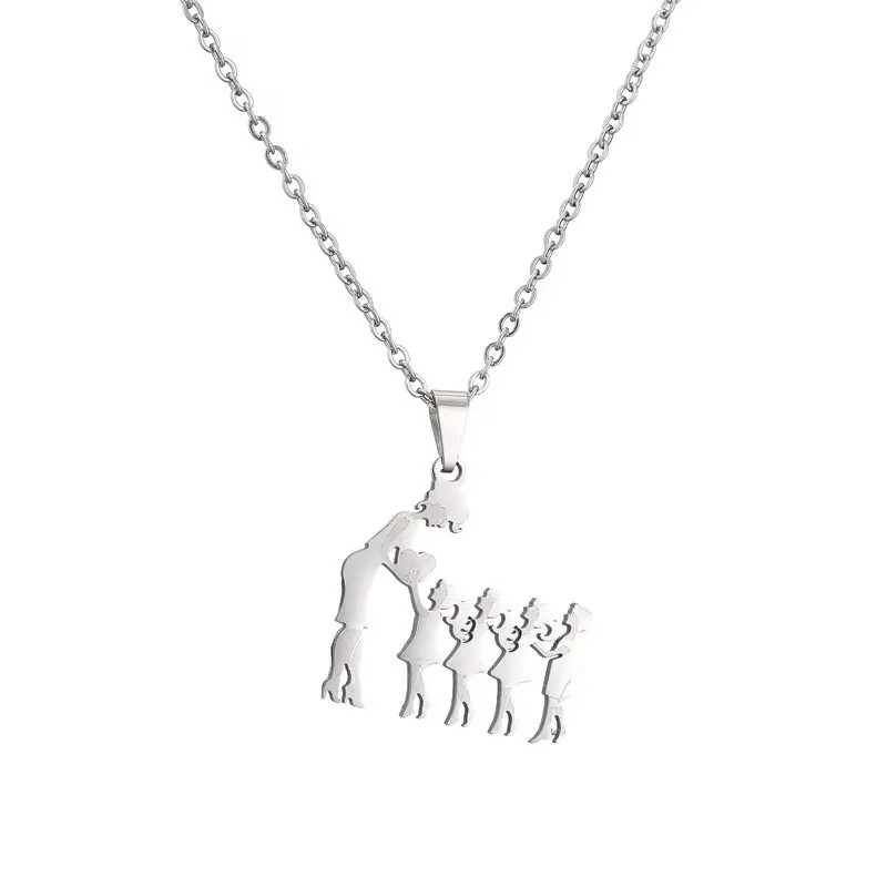 Mother Child Heart Necklace Stainless Steel Family Figure Pendant Jewelry