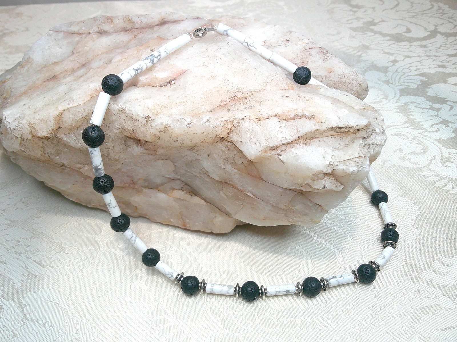 Howlite and Lava Rock Beaded Choker Necklace Stylish Handmade