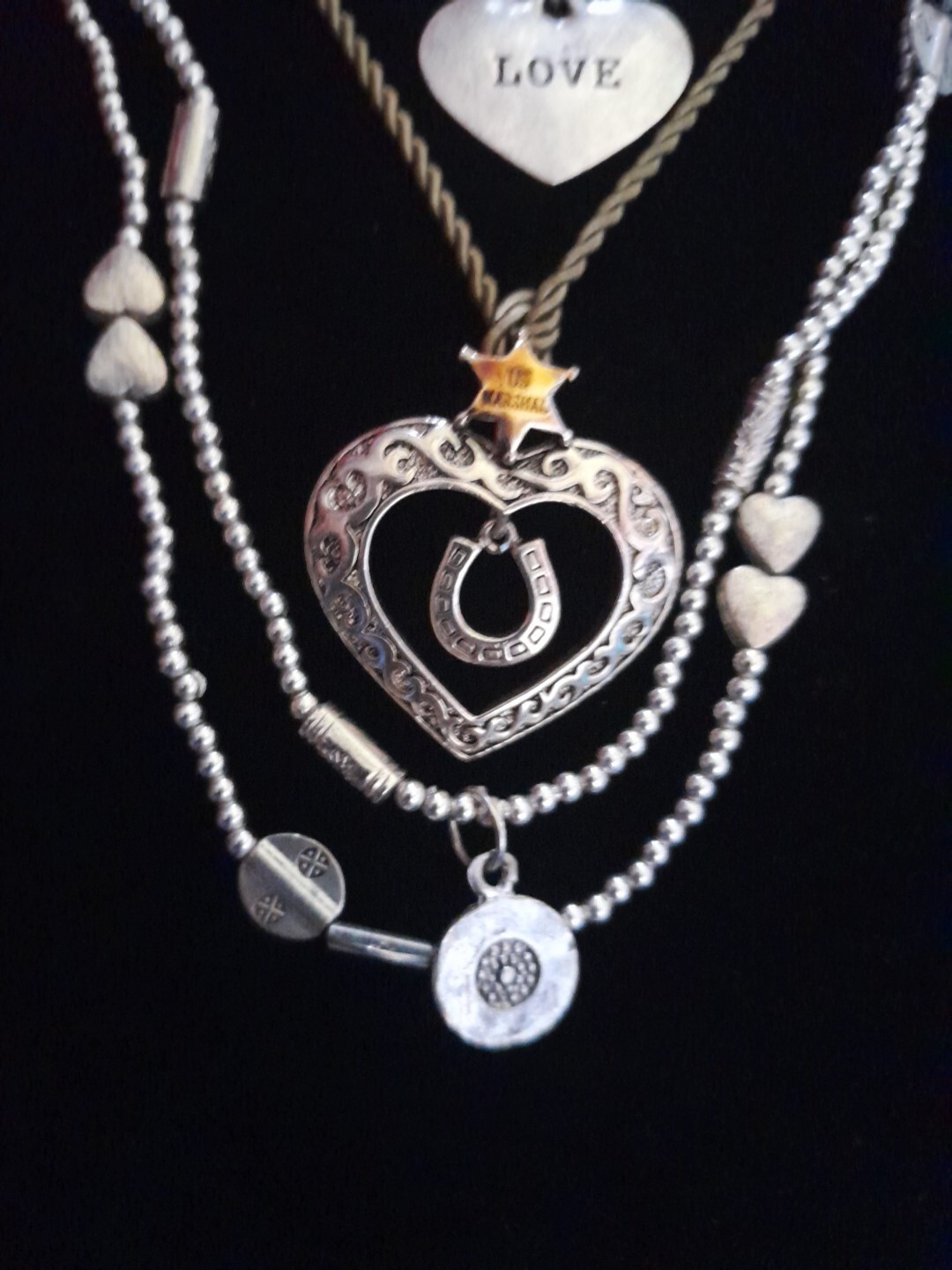 Vintage Modern Heart Necklace Lot 5 Pc American Eagle Silvertone Valentine