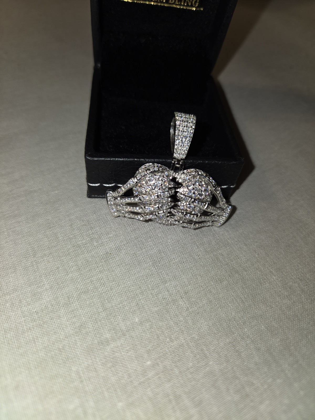 Moissanite Pendant Skeleton Hands Holding a Broken Heart, Harlem Bling