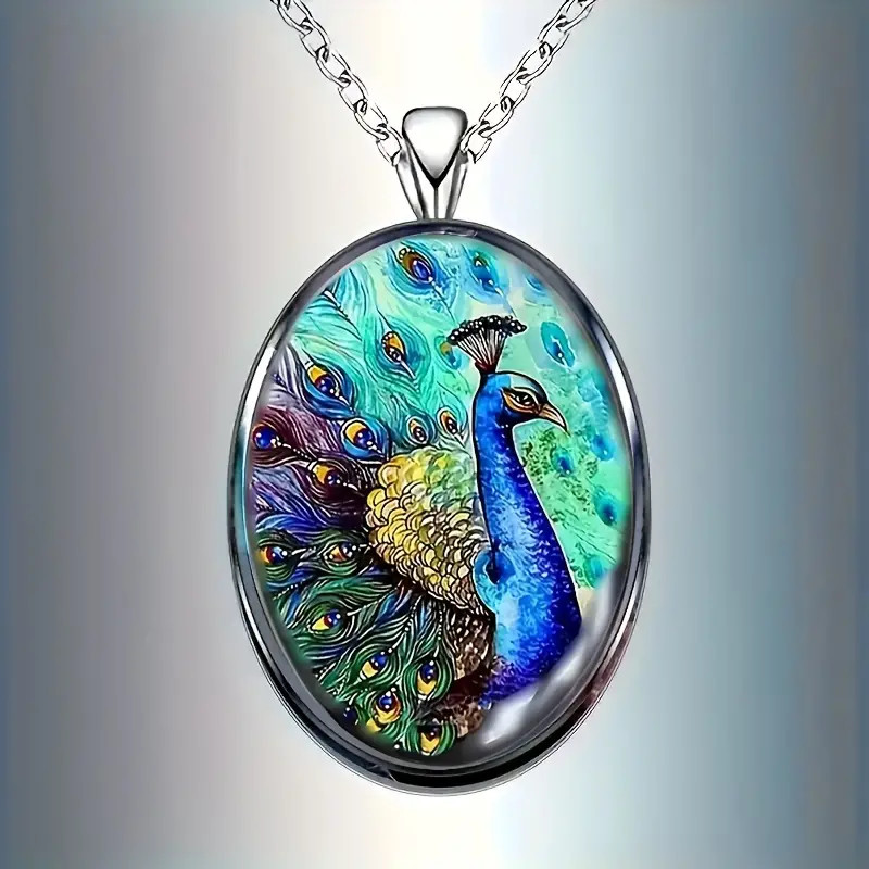 Peacock Beauty Oval Jewelry Vintage Silvery Gothic Bird Pendant Necklace