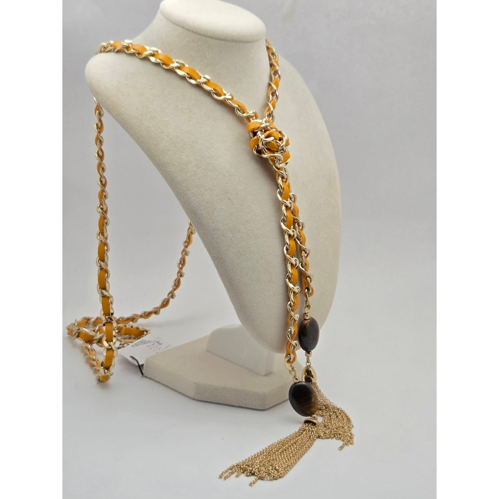 NWT White House Black Market Yellow Leather Gold Chain Lariat Tassel Necklace