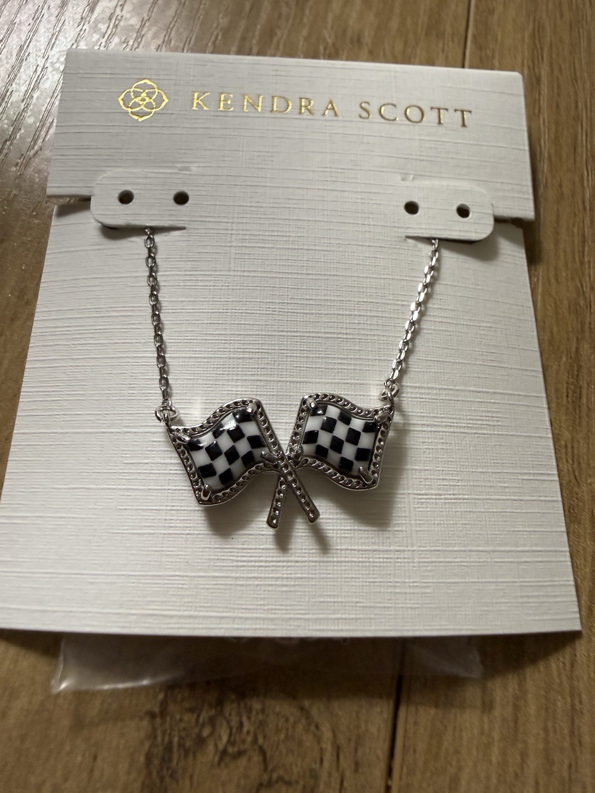 Kendra Scott Silver Tone Checkered Flag Charm Pendant Necklace, Cable Chain